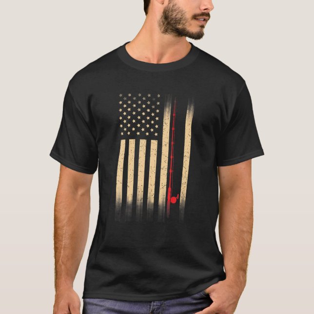 Camiseta Bandeira Americana Funerária Vintage Pesca Rod Pei (Frente)