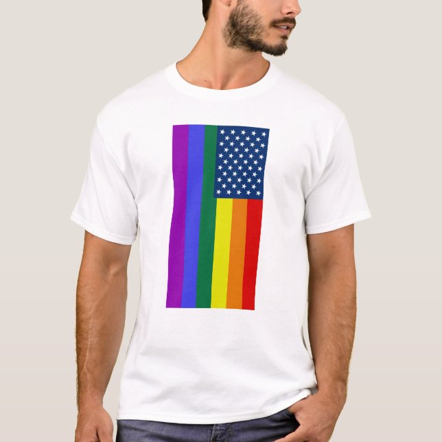 Camiseta Bandeira Americana LGBT Orgulho Rainbow Tee (Frente)