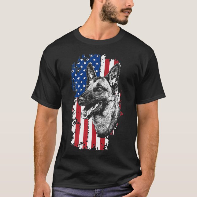 Camiseta Bandeira Americana Malinois K9 Cão Policial Belga (Frente)