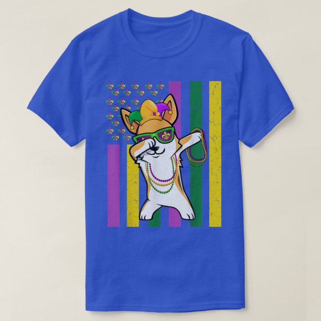 Camiseta Bandeira Americana Mardi Gras Corgi Festival Puppy (Frente do Design)