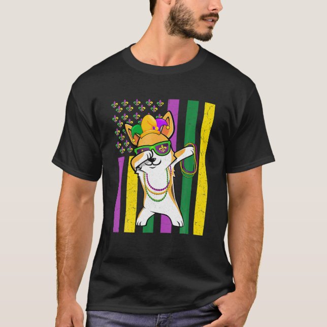 Camiseta Bandeira Americana Mardi Gras Corgi Festival Puppy (Frente)