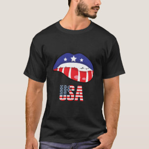 Camiseta Bandeira Americana Mordendo Lábio EUA 4 De Julho I