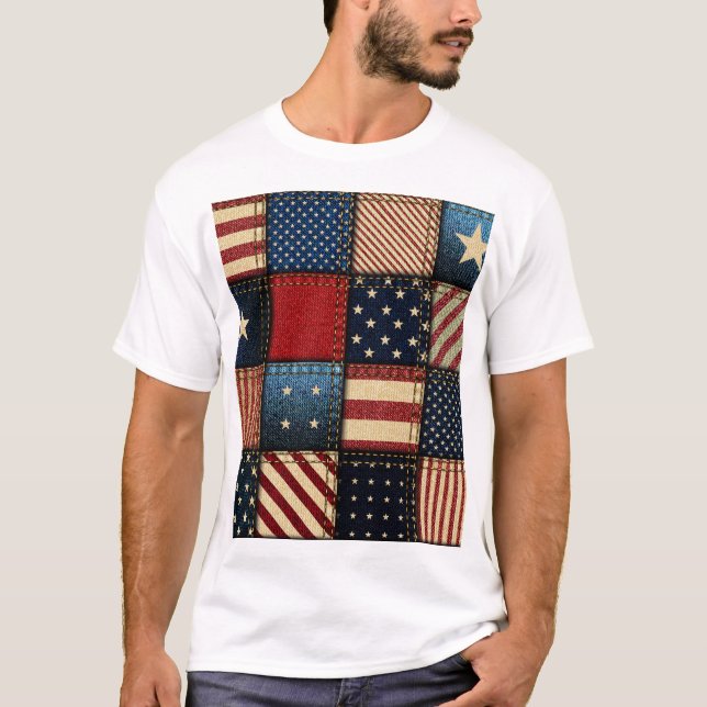 Camiseta Bandeira Americana, Patchwork Perfeitamente Padrão (Frente)