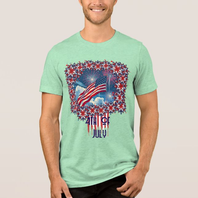 Camiseta Bandeira Americana Patriótica com Fireworks - 4 de (Frente)