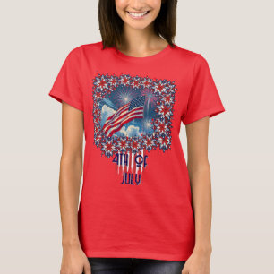 Camiseta Bandeira Americana Patriótica com Fireworks - 4 de