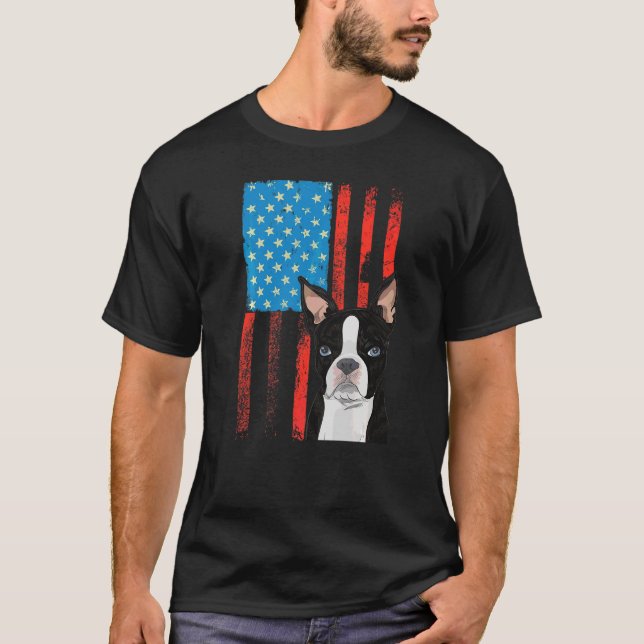 Camiseta Bandeira Americana Patriótica Dog Boston Terrier (Frente)