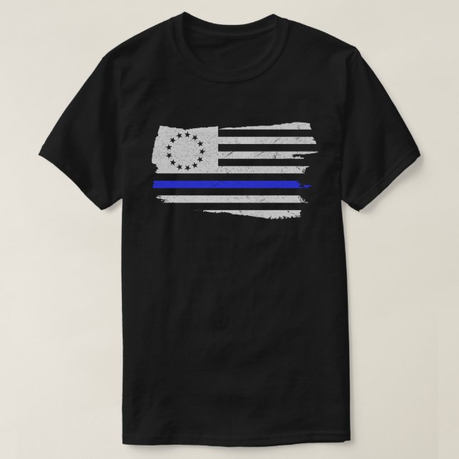 Camiseta Bandeira Betsy Ross Thin Blue Line Apoio Policial (Frente do Design)