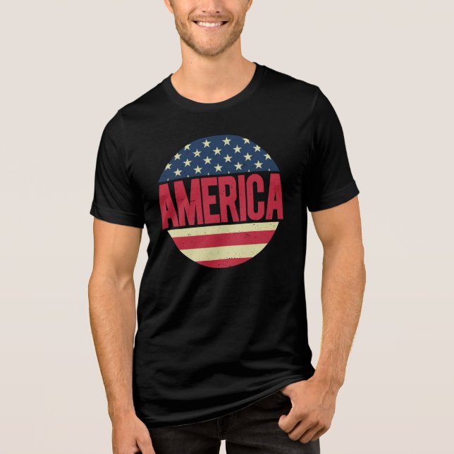 Camiseta Bandeira Circular Patriótica Gráfica Vintage Améri (Frente)