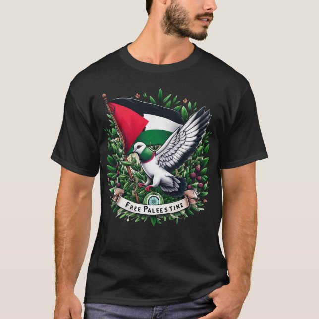 Camiseta Bandeira da Palestina Livre, Pombo com folha de ol (Frente)