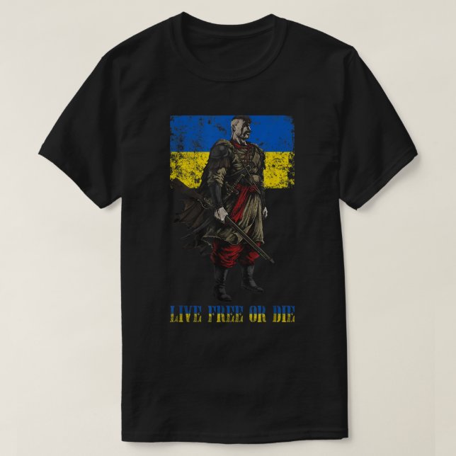 Camiseta bandeira da ucrânia, guerreira do cossack, viva li (Frente do Design)