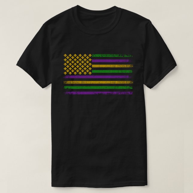 Camiseta Bandeira de Mardi Gras dos EUA com Fleur de Lis Pa (Frente do Design)