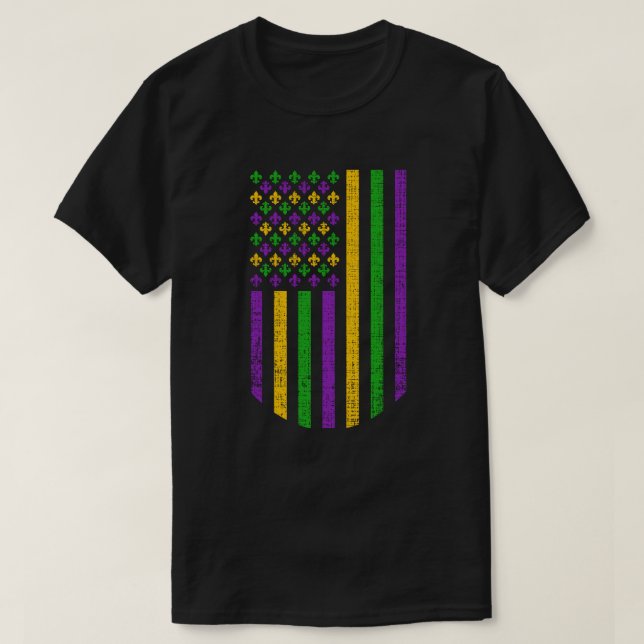 Camiseta Bandeira de Mardi Gras dos EUA com Fleur de Lis Pa (Frente do Design)