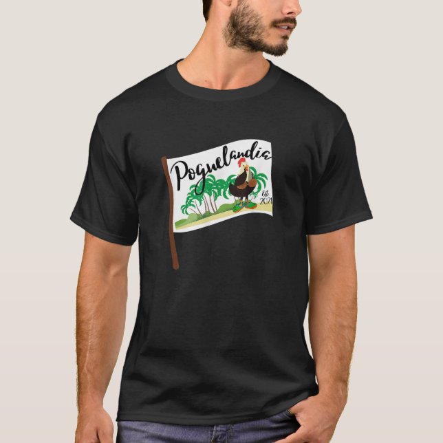 Camiseta Bandeira de Poguelandia com frango em Coconut Bra  (Frente)