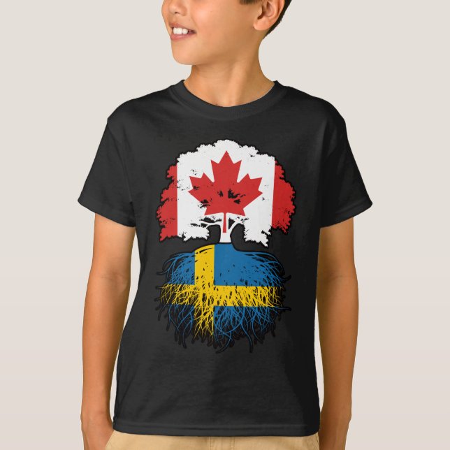 Camiseta Bandeira de Raízes da Árvore do Canadá suecia (Frente)