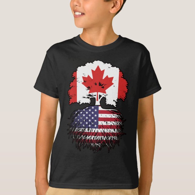 Camiseta Bandeira de Raízes de Árvore Canadense Americano C (Frente)