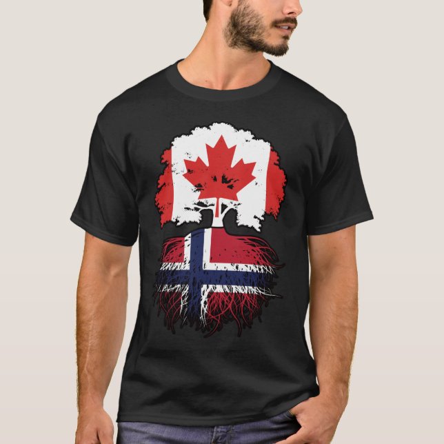 Camiseta Bandeira de Raízes de Árvore Norueguesa do Canadá (Frente)