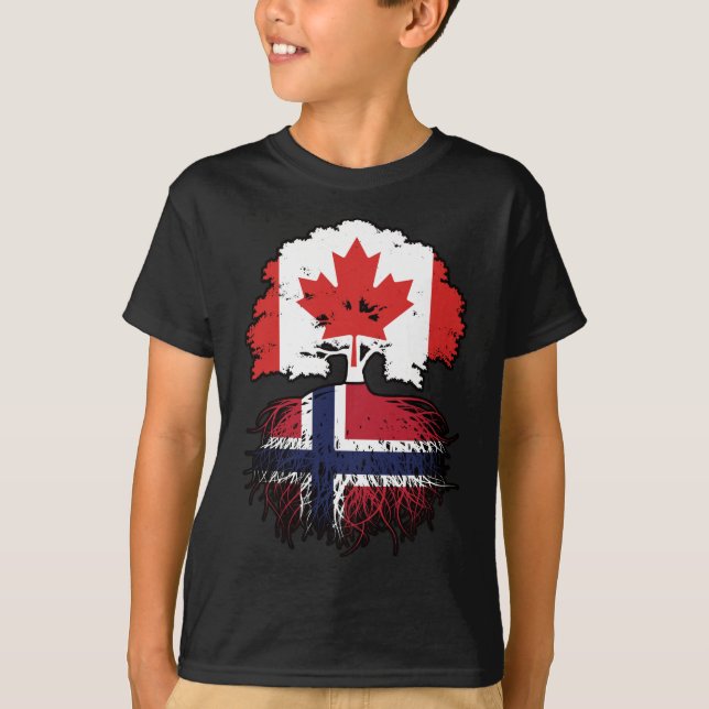 Camiseta Bandeira de Raízes de Árvore Norueguesa do Canadá (Frente)