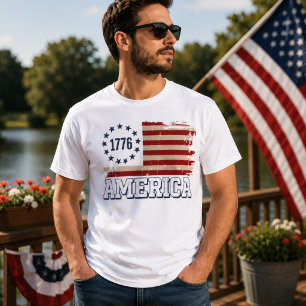 Camiseta Bandeira Distressed Vintage América 1776