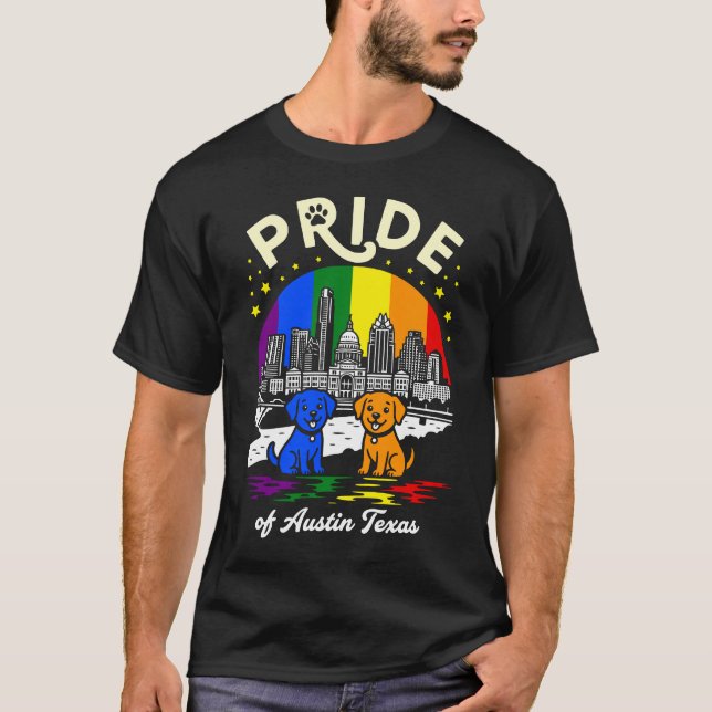 Camiseta Bandeira do Arco-íris dos Cães da Cidade de Austin (Frente)