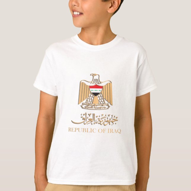 CAMISETA BANDEIRA DO IRAQUE SOBRE EMBLEM IRAQUIANO ش ع ا ر  (Frente)