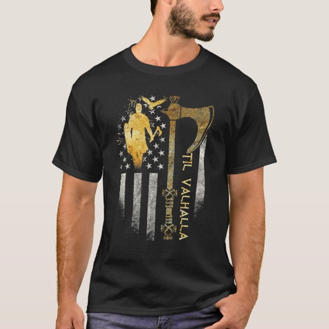 Camiseta Bandeira do Machado Viking Americano  Til Valhalla (Frente)