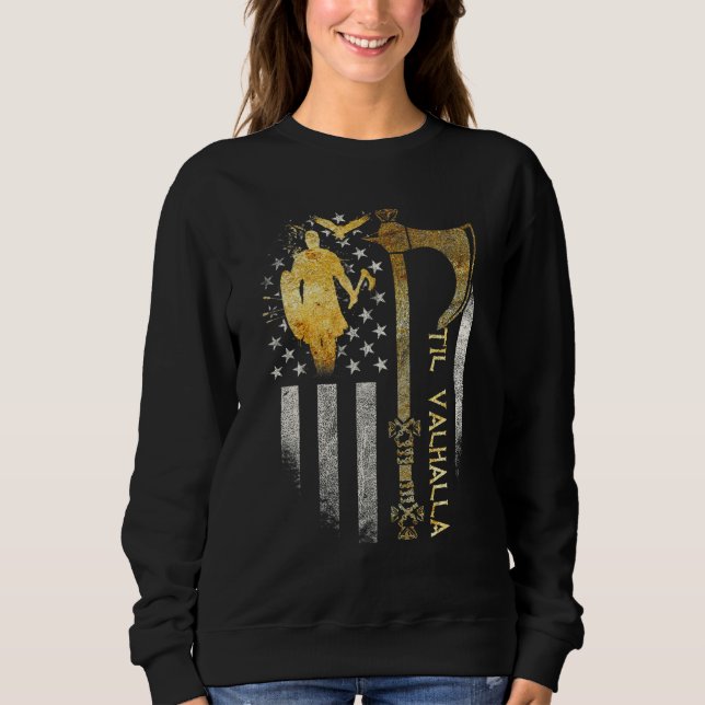 Camiseta Bandeira do Machado Viking Americano  Til Valhalla (Frente)