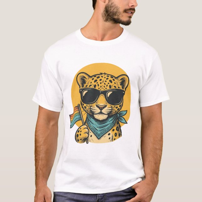 Camiseta Bandeira do Orgulho do Leopardo Arco-íris Design V (Frente)