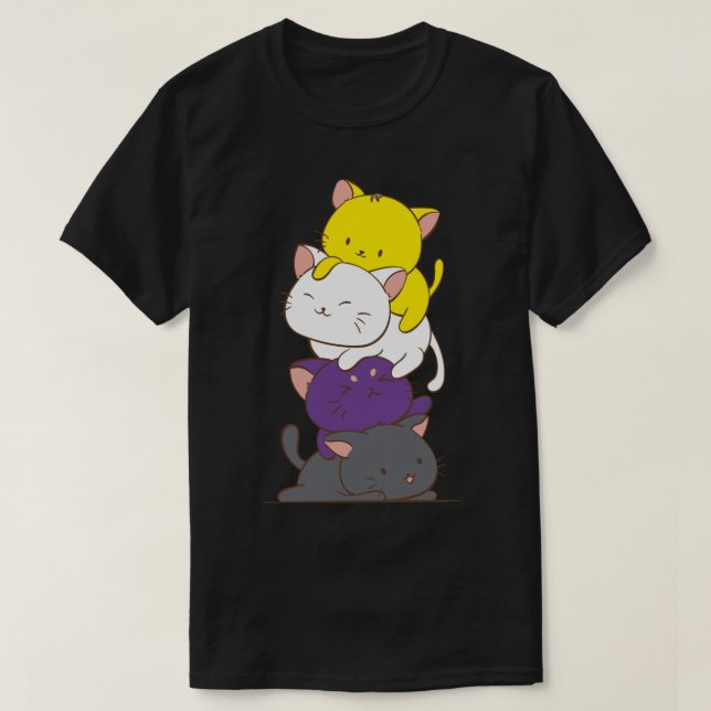 Camiseta Bandeira do Orgulho Não-Binário Gatos Kawaii Cute  (Frente do Design)