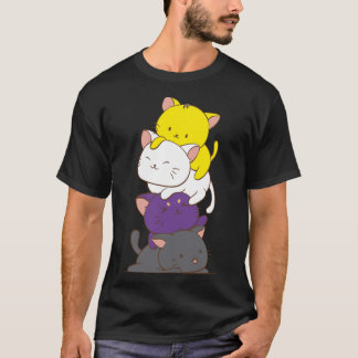 Camiseta Bandeira do Orgulho Não-Binário Gatos Kawaii Cute 