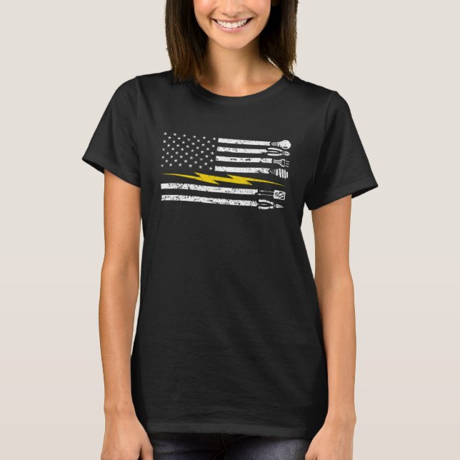 Camiseta Bandeira dos EUA Eletricista Voltagem Lineman Circ (Frente)