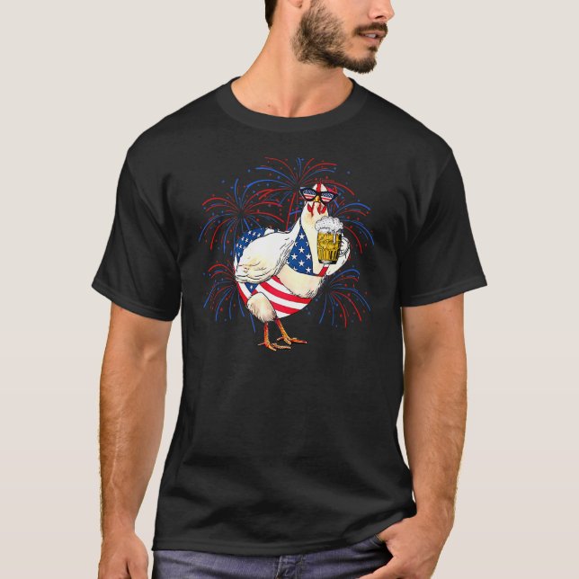 Camiseta Bandeira Dos EUA Frango De Biquíni Com Cerveja 4 D (Frente)