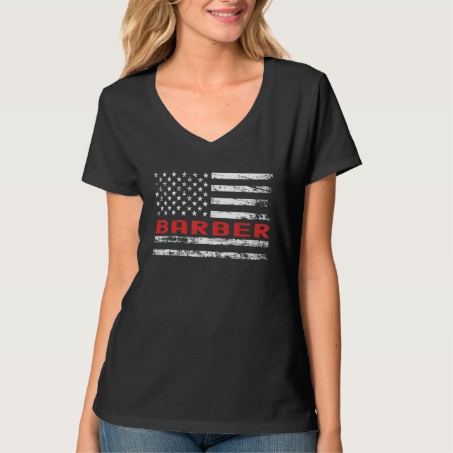 Camiseta Bandeira dos EUA Profissão Barbeiro Título de Empr (Frente)