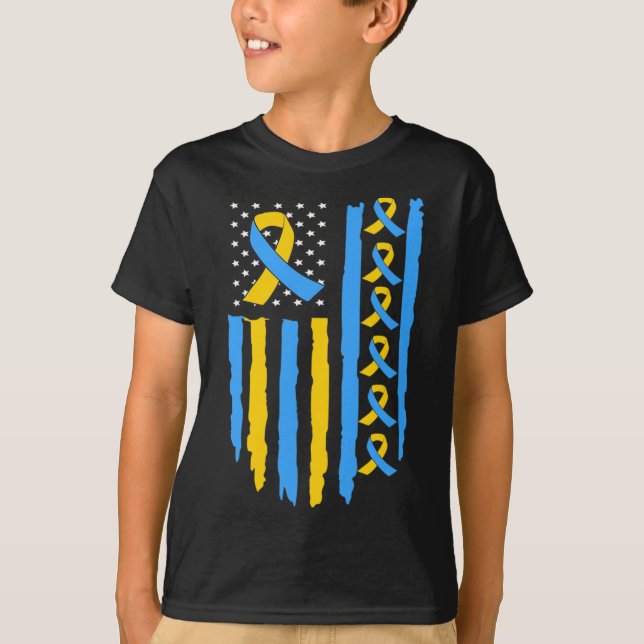 Camiseta Bandeira dos EUA Síndrome de Down Conscientização  (Frente)