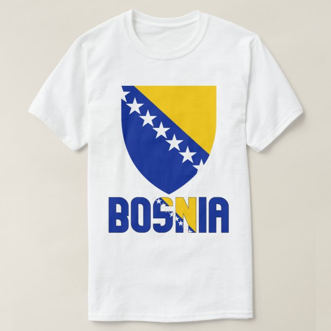 Camiseta Bandeira e Casaco de Armas da Bósnia-Herzegovina (Frente do Design)
