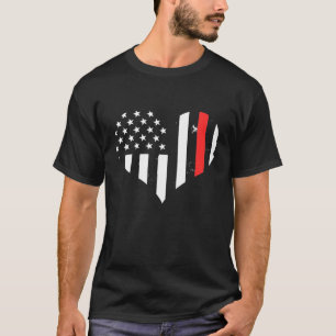 Camiseta Bandeira EUA Coração Bombeiro Linha Vermelha Fina