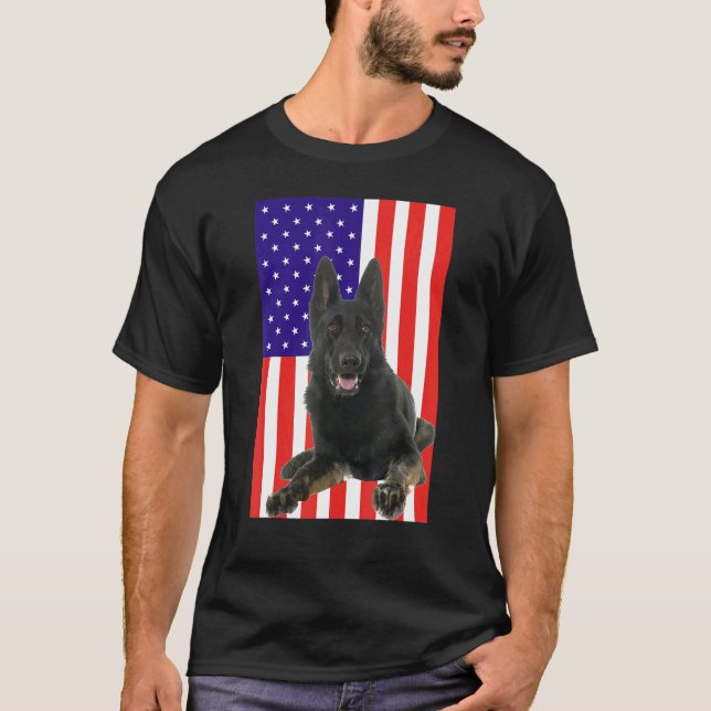 Camiseta Bandeira German shepherd Negra Patriótica American (Frente)