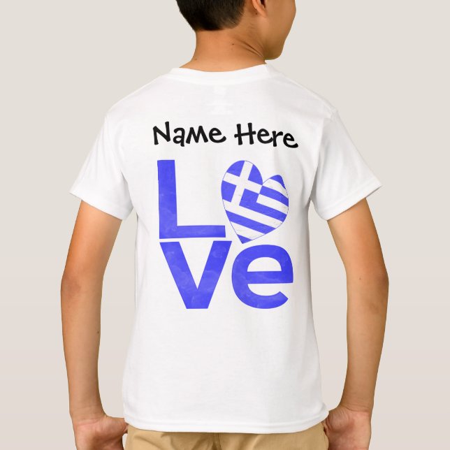Camiseta Bandeira Grega Coração Azul AMOR com Seu Nome (Verso)
