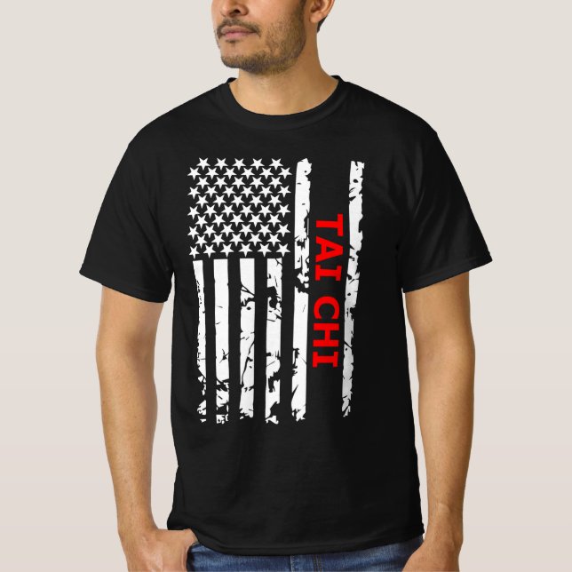 Camiseta Bandeira Legal de Tai Chi, Preta e Branca, EUA (Frente)