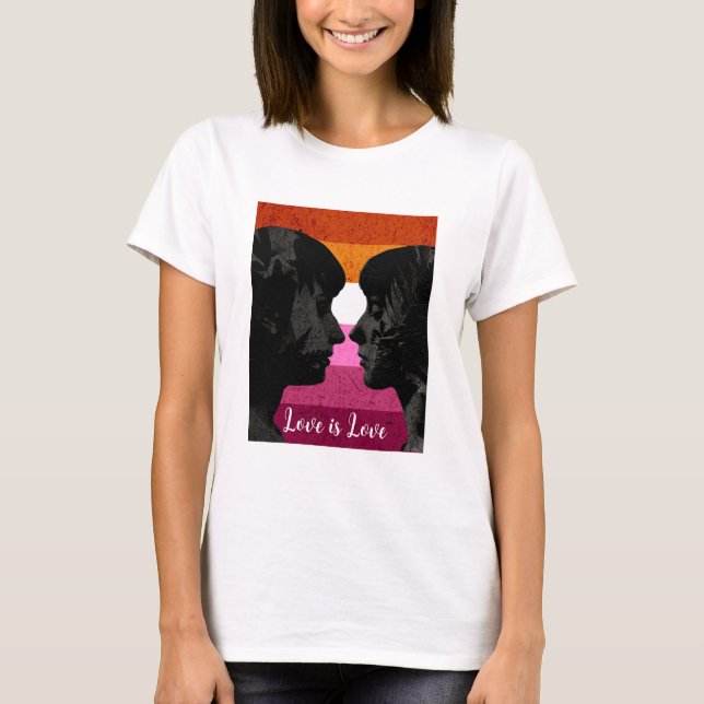 Camiseta Bandeira Lésbica com Duas Mulheres Silhouettes (Frente)