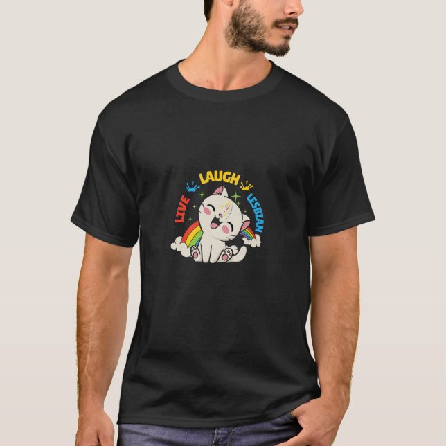 Camiseta Bandeira Lésbica Viva Ri Gato Arco-íris Mês do Org (Frente)