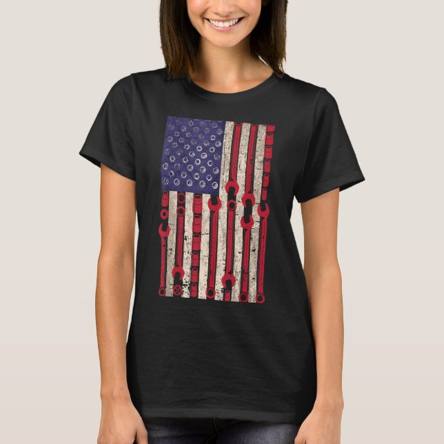 Camiseta Bandeira Mecânica Americana 4º De Julho Patriótica (Frente)