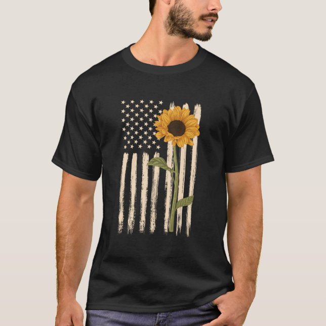 Camiseta Bandeira Patriótica Americana Girassol Gráfico Cas (Frente)