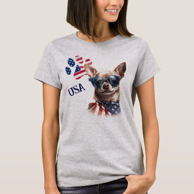 Camiseta Bandeira Patriótica dos EUA Imprime Chihuahua Dog (Frente)