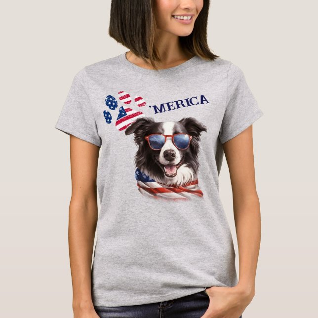 Camiseta Bandeira Patriótica USA Pata Imprimir Borda Collie (Frente)