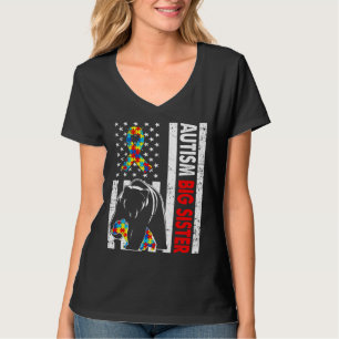 Camiseta Bandeira Retro-Americana Autismo Urso Irmã Grande