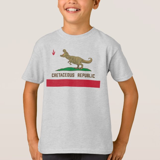 Camiseta Bandeira T-rex Dinossaur, República Cretácea da Ca (Frente)