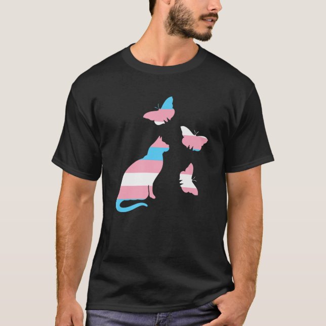 Camiseta Bandeira Transgênero Gato E Borboletas (Frente)