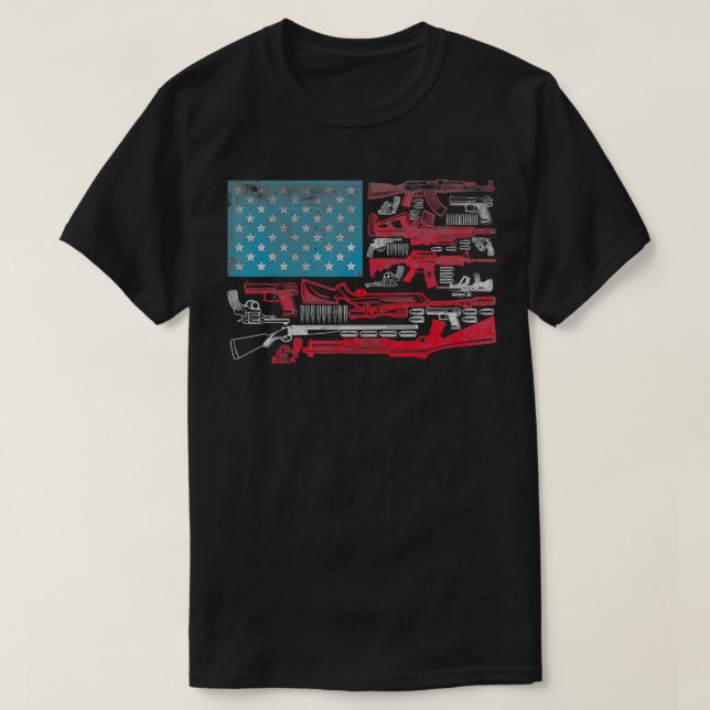 Camiseta Bandeiras Americanas Riffles Bullets Arma de Bande (Frente do Design)