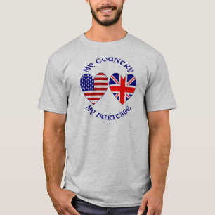 Camiseta Bandeiras Coração EUA Reino Unido País Herança
