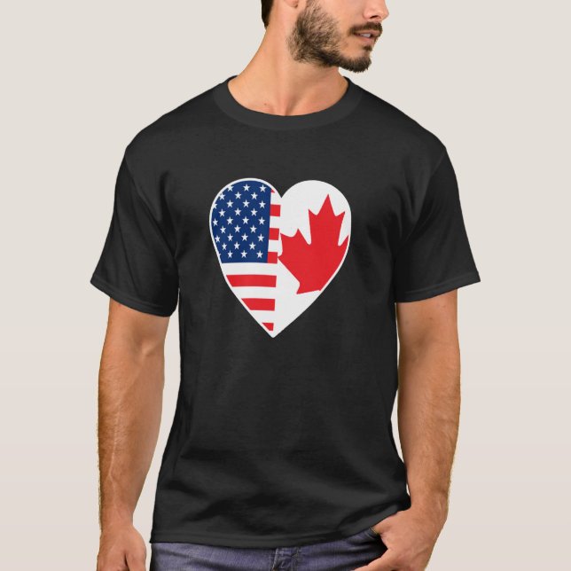 Camiseta Bandeiras do Canadá e dos EUA em um coração (Frente)